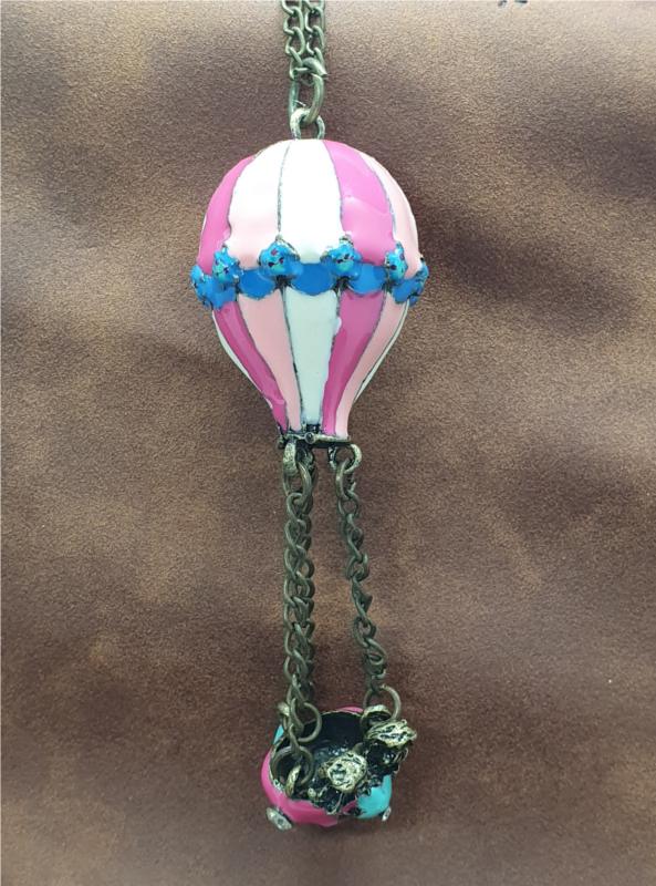 SteamPunk Necklace Pink Hot Air Balloon Basket with Angels